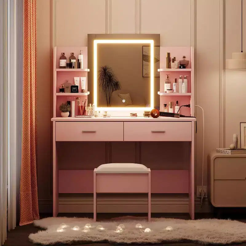 Vanity Desk with Lighted Mirror, Stool, Power Outlet & 6 Shelves – Pink Makeup Vanity