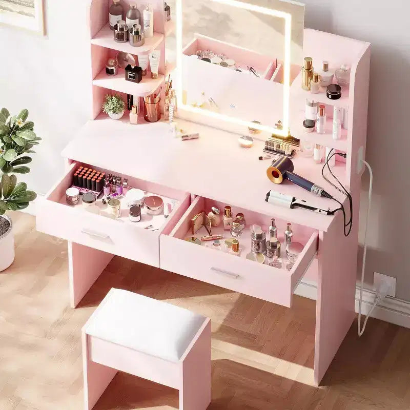 Toeletta Trucco con Specchio Illuminato, Sgabello, Presa di Corrente e 6 Ripiani – Rosa