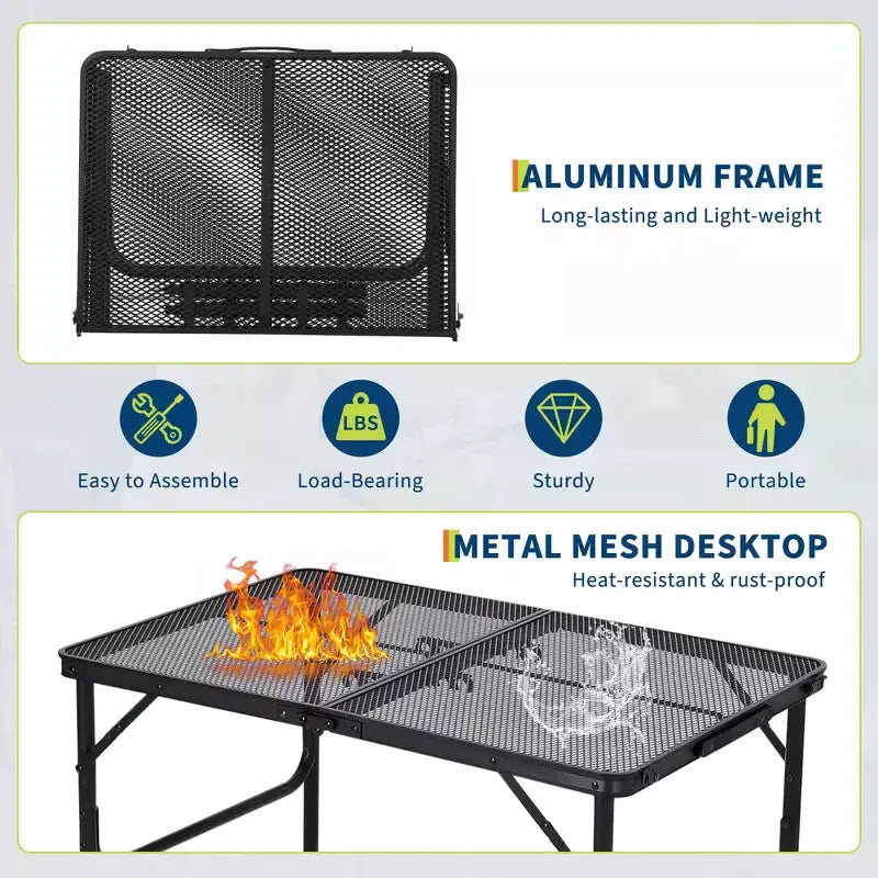 Tavolo per griglia pieghevole 3x2FT, tavolo da campeggio portatile con piano in rete, tavolo per griglia in metallo leggero regolabile in altezza, per campeggio all'aperto, barbecue, picnic