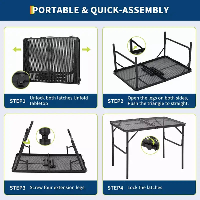Tavolo per griglia pieghevole 3x2FT, tavolo da campeggio portatile con piano in rete, tavolo per griglia in metallo leggero regolabile in altezza, per campeggio all'aperto, barbecue, picnic