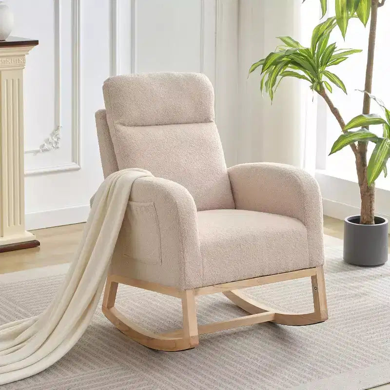 Rocking Chair Nursery,Glider Chair Nursery Chair with High Back and Side Pocket, Rocking Accent Armchair with Rubber Wood Legs for Living Room/Bedroom