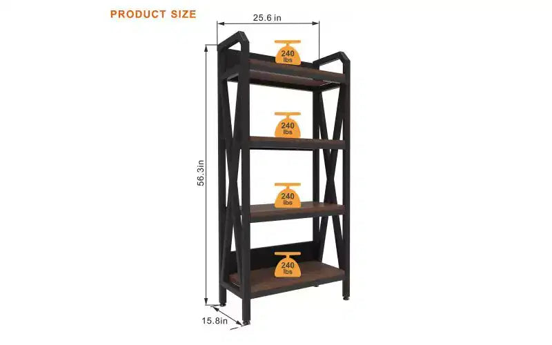 Scaffale decorativo a 4 ripiani in acciaio e legno da 65 cm, scaffale industriale, marrone rustico
