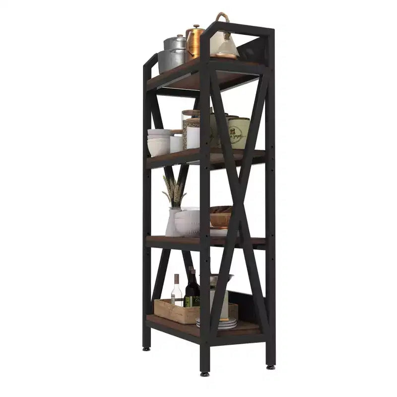 Scaffale decorativo a 4 ripiani in acciaio e legno da 65 cm, scaffale industriale, marrone rustico