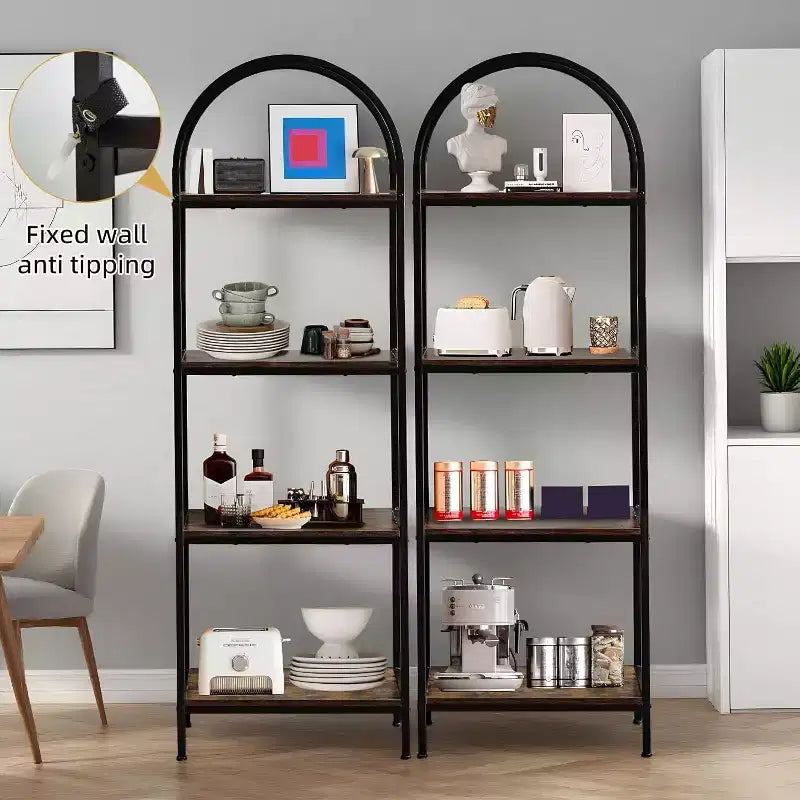 Scaffali a giorno industriali per soggiorno, libreria, libreria ad arco a 4 livelli, scaffale espositivo, unità di archiviazione per camera da letto/soggiorno