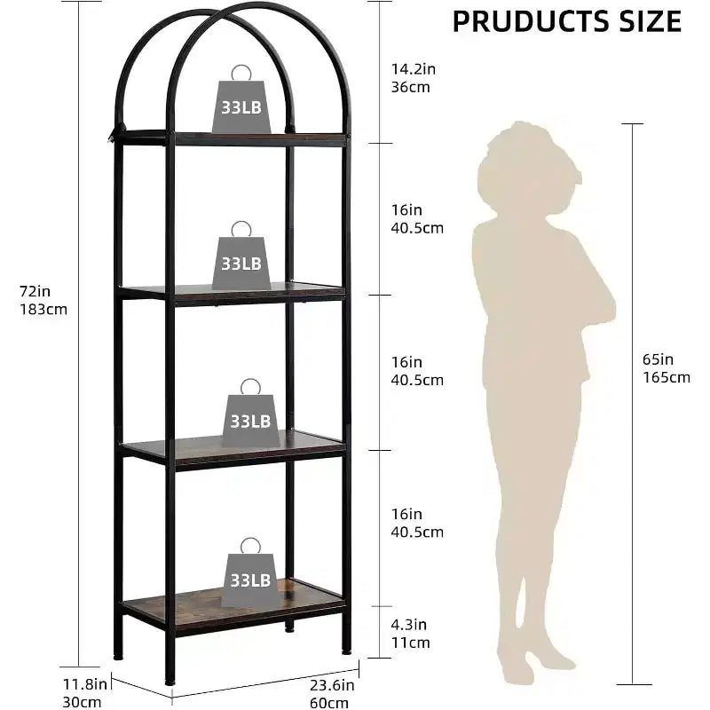 Scaffali a giorno industriali per soggiorno, libreria, libreria ad arco a 4 livelli, scaffale espositivo, unità di archiviazione per camera da letto/soggiorno