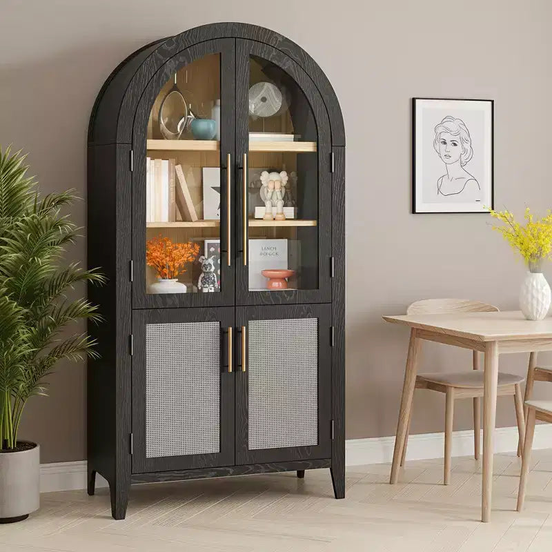 Mobiletto ad arco alto 63'' con ante in vetro e rattan a 5 ripiani – Nero