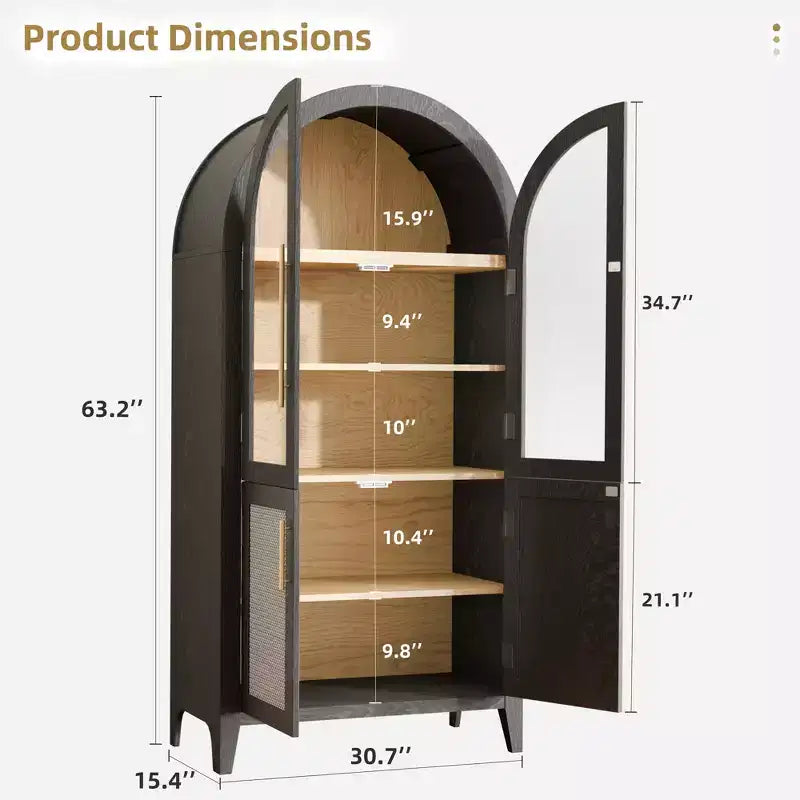 Mobiletto ad arco alto 63'' con ante in vetro e rattan a 5 ripiani – Nero