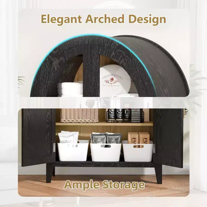Mobiletto ad arco alto 63'' con ante in vetro e rattan a 5 ripiani – Nero