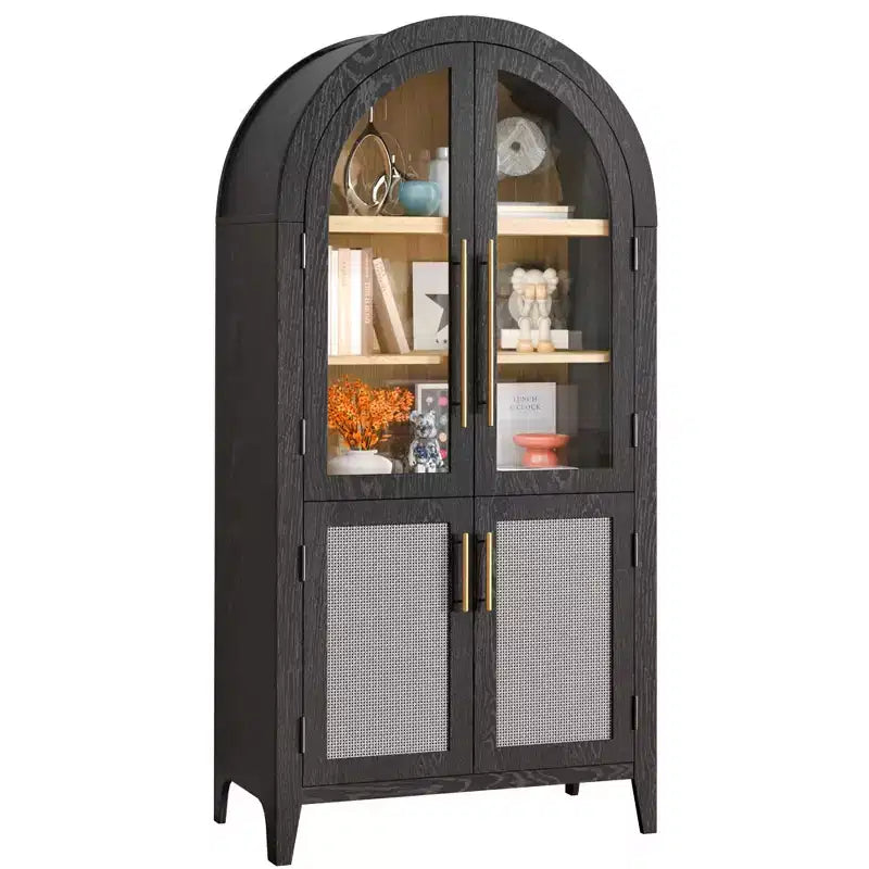 Mobiletto ad arco alto 63'' con ante in vetro e rattan a 5 ripiani – Nero