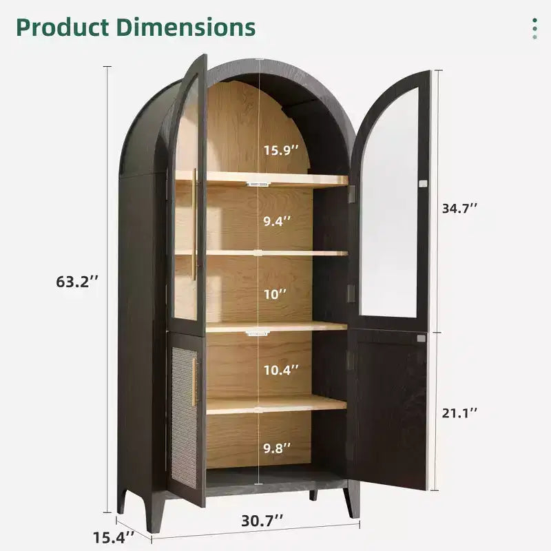 Mobiletto ad arco alto 63'' con ante in vetro e rattan a 5 ripiani – Nero