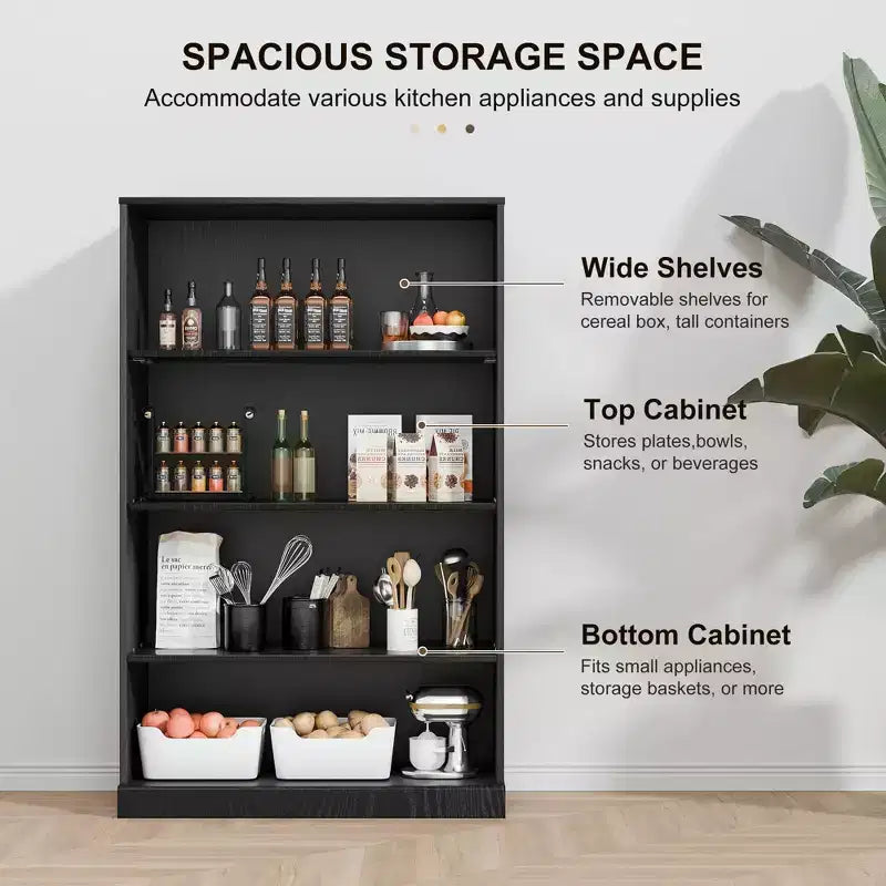 49x31x16 Armadietto libreria in legno senza ante per cucina, camera da letto, soggiorno – Nero