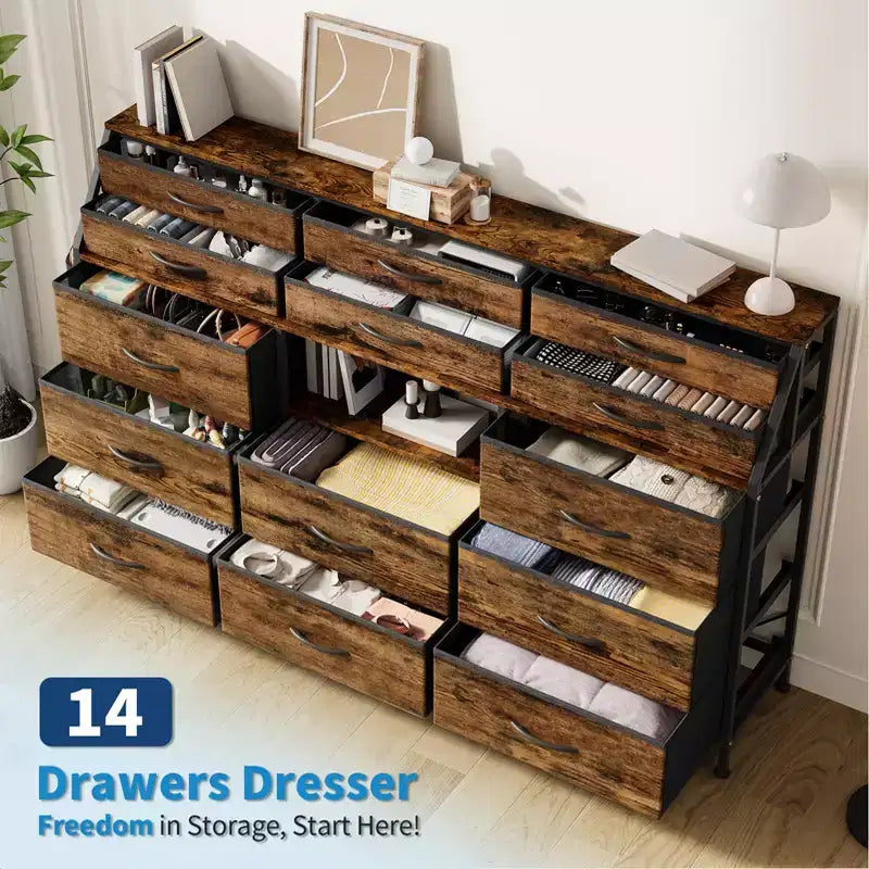 Cassettiera a 14 cassetti con piano in legno e 2 ripiani | Grande organizer portaoggetti in tessuto per camera da letto, soggiorno e armadio