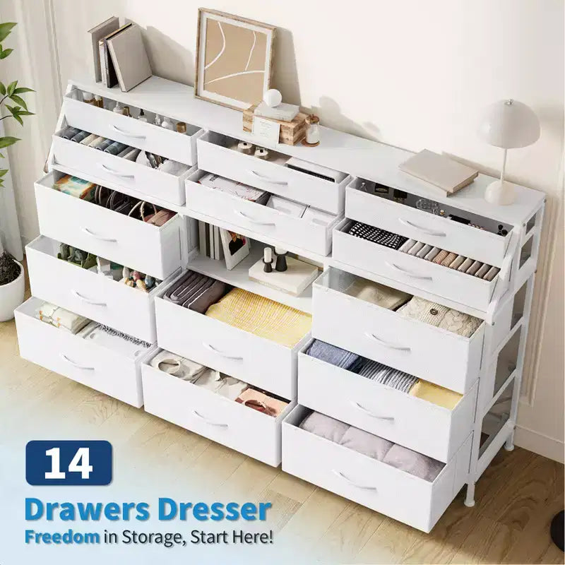 Cassettiera a 14 cassetti con piano in legno e 2 ripiani | Grande organizer portaoggetti in tessuto per camera da letto, soggiorno e armadio