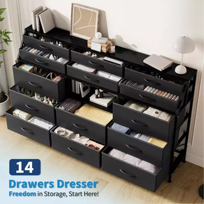Cassettiera a 14 cassetti con piano in legno e 2 ripiani | Grande organizer portaoggetti in tessuto per camera da letto, soggiorno e armadio