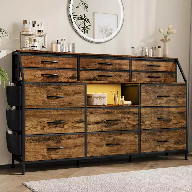Cassettiera a 14 cassetti con piano in legno e 2 ripiani | Grande organizer portaoggetti in tessuto per camera da letto, soggiorno e armadio