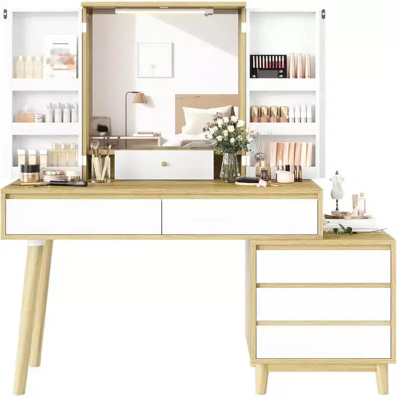 Vanity Desk with Mirror and Lights, Small Makeup Vanity Table with Drawers, Make up Desk for Teen Girls and Women