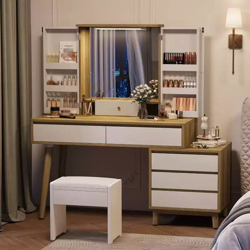 Vanity Desk with Mirror and Lights, Small Makeup Vanity Table with Drawers, Make up Desk for Teen Girls and Women
