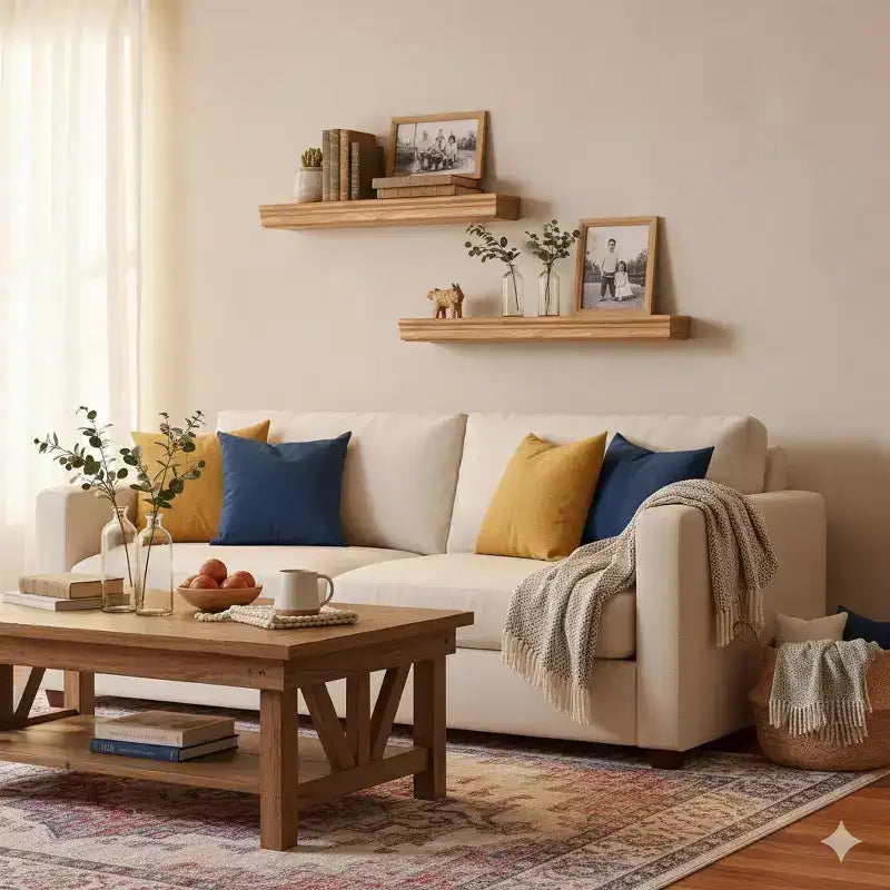 Set di 2 mensole da parete flottanti in MDF color legno naturale per camera da letto, soggiorno e cucina