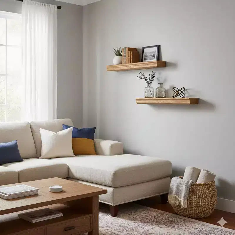 Set di 2 mensole da parete flottanti in MDF color legno naturale per camera da letto, soggiorno e cucina