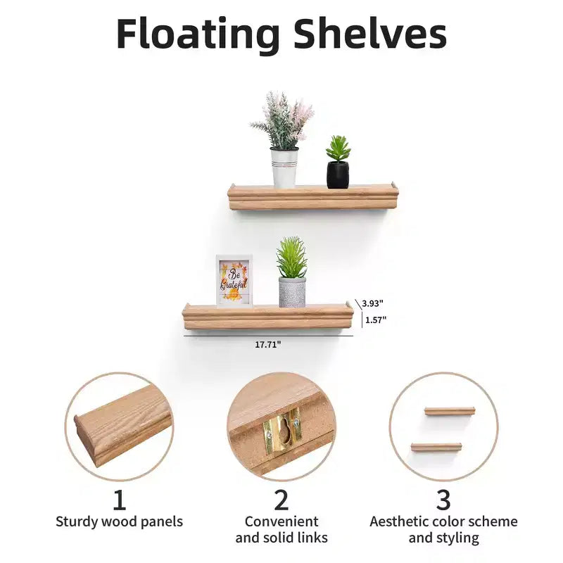 Set di 2 mensole da parete flottanti in MDF color legno naturale per camera da letto, soggiorno e cucina
