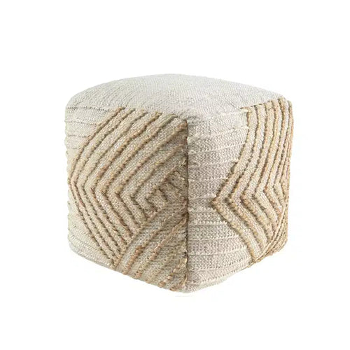 HomeRoots 18 Natural and Off White Cotton Jute And Wool Geometric Cube Pouf Ottoman