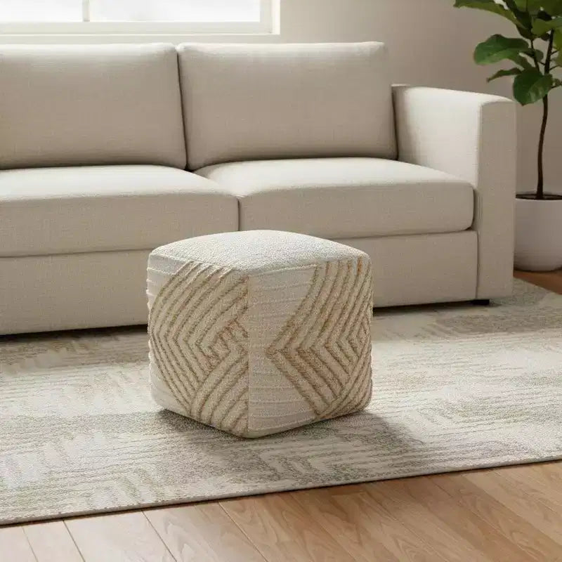 Pouf poggiapiedi geometrico a cubo in cotone, iuta e lana naturale e bianco sporco da 18"