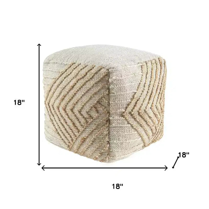 Pouf poggiapiedi geometrico a cubo in cotone, iuta e lana naturale e bianco sporco da 18"