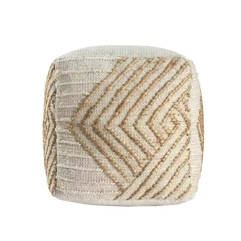 Pouf poggiapiedi geometrico a cubo in cotone, iuta e lana naturale e bianco sporco da 18"