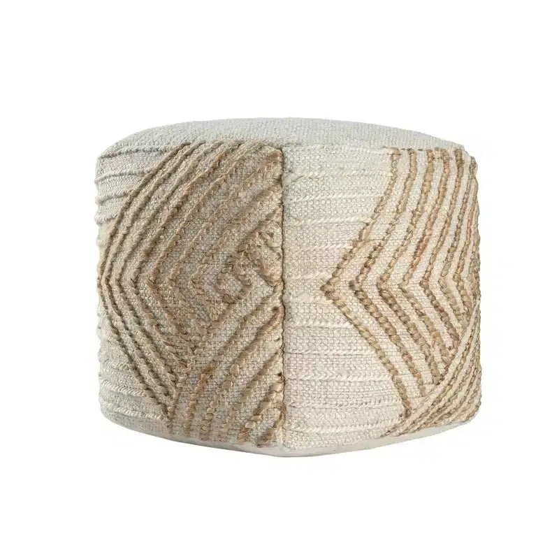 Pouf poggiapiedi geometrico a cubo in cotone, iuta e lana naturale e bianco sporco da 18"