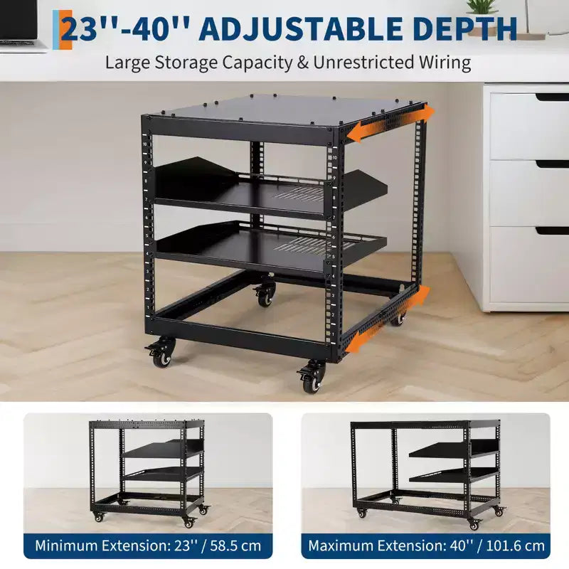 Armadio di rete aperto, acciaio al carbonio, regolabile in altezza 22-40 pollici, montaggio a parete e autoportante, 2 ripiani e ruote, rack server per apparecchiature IT/AV.