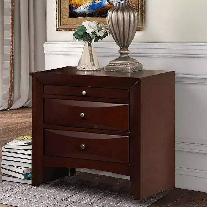 Royal Hampton Style Wooden Nightstand with Three Drawers and Metal Knobs, Brown