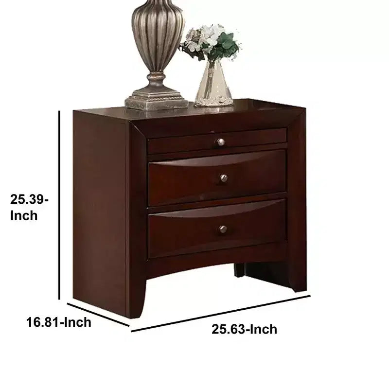 Royal Hampton Style Wooden Nightstand with Three Drawers and Metal Knobs, Brown