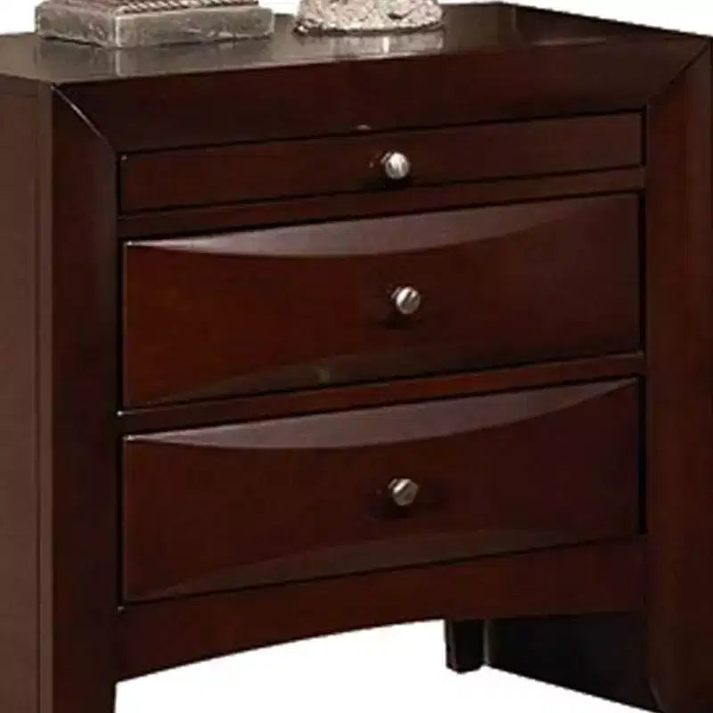 Royal Hampton Style Wooden Nightstand with Three Drawers and Metal Knobs, Brown