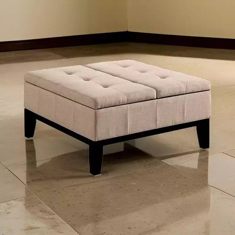 Royal Hampton 36 Inch Ottoman, Split Storage Lid, Tufted Beige Upholstery, Wood