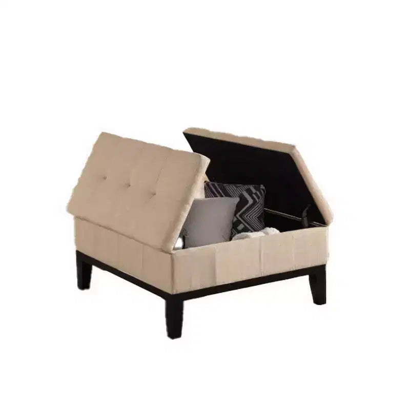 36 Inch Ottoman, Split Storage Lid, Tufted Beige Upholstery, Wood