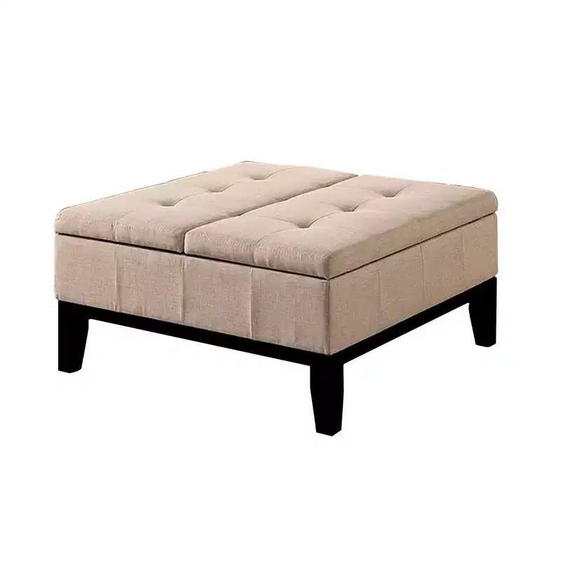 36 Inch Ottoman, Split Storage Lid, Tufted Beige Upholstery, Wood