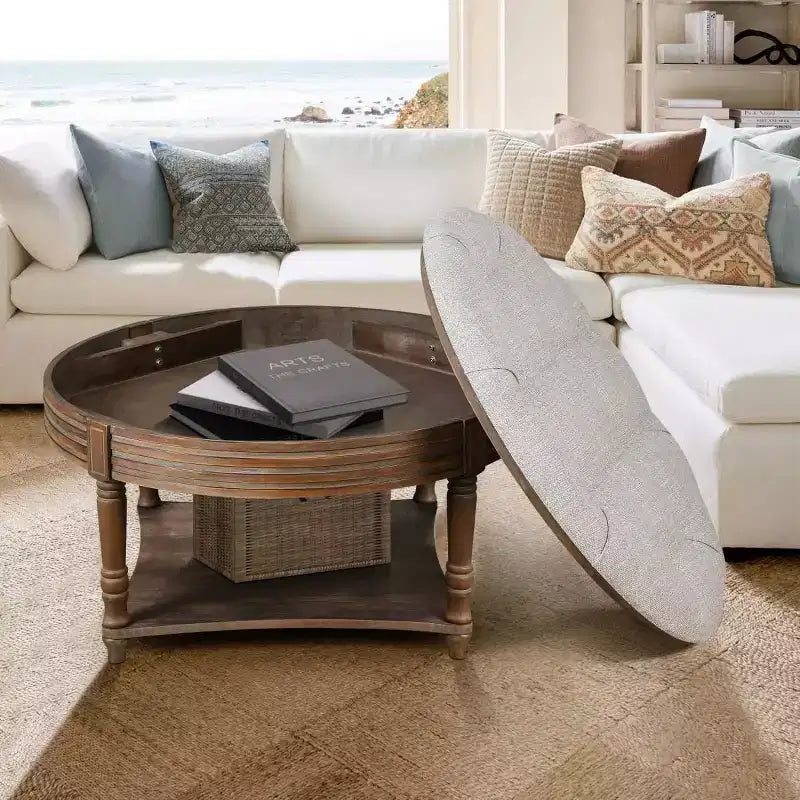 Tavolino Contenitore Ottomano Rotondo Imbottito da 31,5", Piano in Lino Trapuntato con Bottoni e Ripiano in Legno