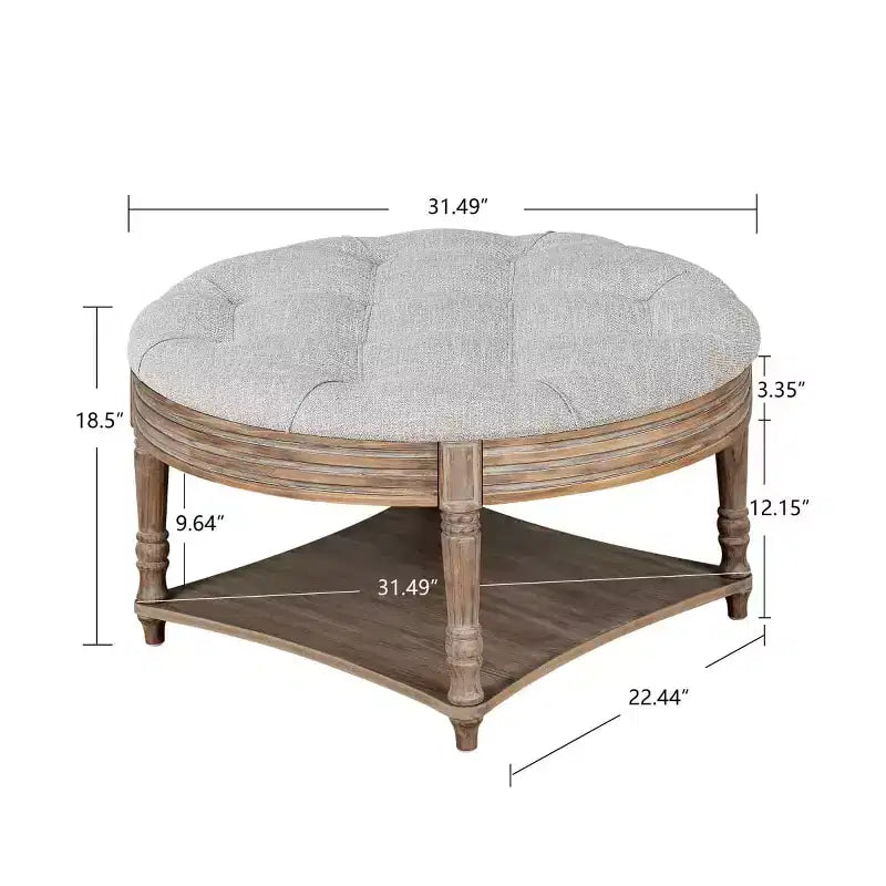 Tavolino Contenitore Ottomano Rotondo Imbottito da 31,5", Piano in Lino Trapuntato con Bottoni e Ripiano in Legno