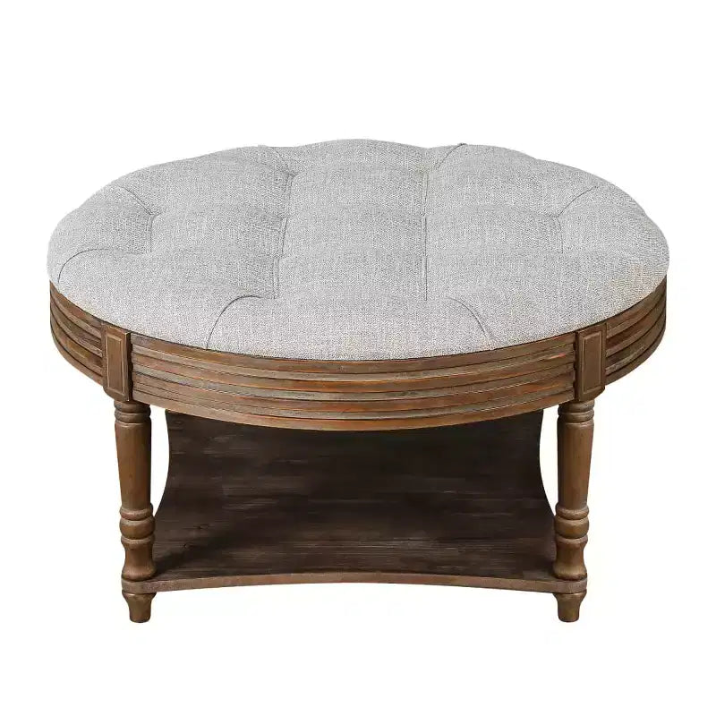 Tavolino Contenitore Ottomano Rotondo Imbottito da 31,5", Piano in Lino Trapuntato con Bottoni e Ripiano in Legno