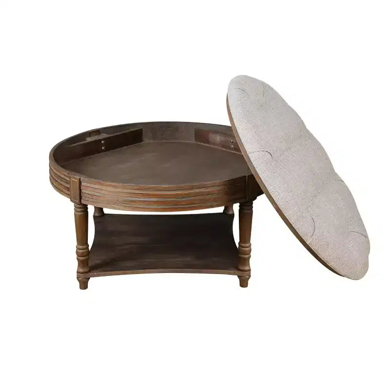 Tavolino Contenitore Ottomano Rotondo Imbottito da 31,5", Piano in Lino Trapuntato con Bottoni e Ripiano in Legno