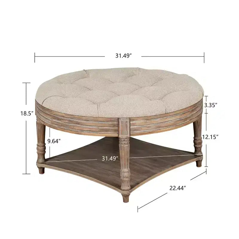 Tavolino Contenitore Ottomano Rotondo Imbottito da 31,5", Piano in Lino Trapuntato con Bottoni e Ripiano in Legno