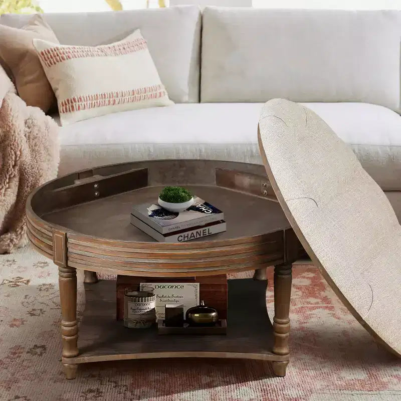Tavolino Contenitore Ottomano Rotondo Imbottito da 31,5", Piano in Lino Trapuntato con Bottoni e Ripiano in Legno