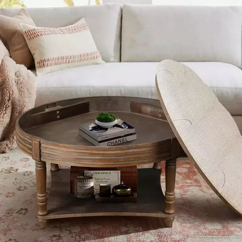 Tavolino Contenitore Ottomano Rotondo Imbottito da 31,5", Piano in Lino Trapuntato con Bottoni e Ripiano in Legno