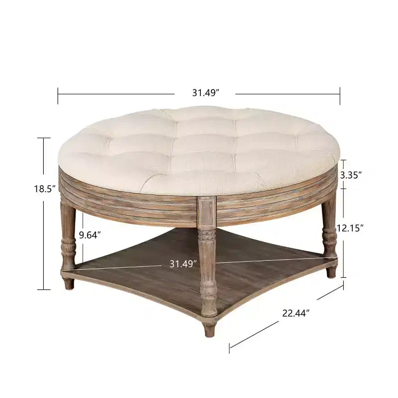 Tavolino Contenitore Ottomano Rotondo Imbottito da 31,5", Piano in Lino Trapuntato con Bottoni e Ripiano in Legno