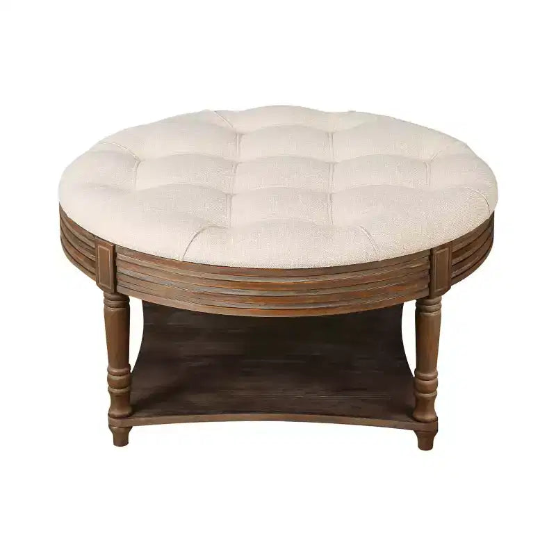 Tavolino Contenitore Ottomano Rotondo Imbottito da 31,5", Piano in Lino Trapuntato con Bottoni e Ripiano in Legno