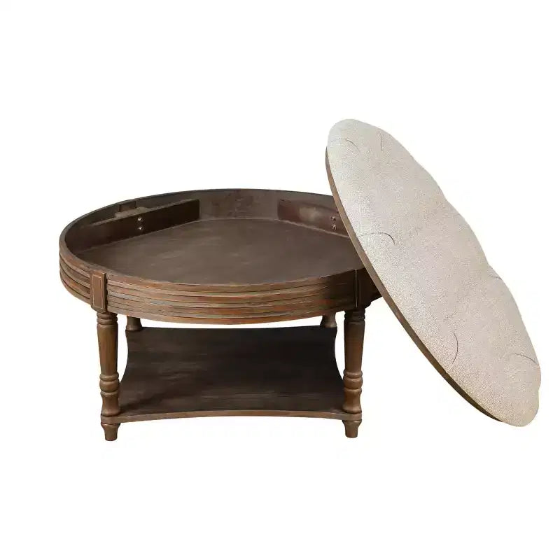 Tavolino Contenitore Ottomano Rotondo Imbottito da 31,5", Piano in Lino Trapuntato con Bottoni e Ripiano in Legno
