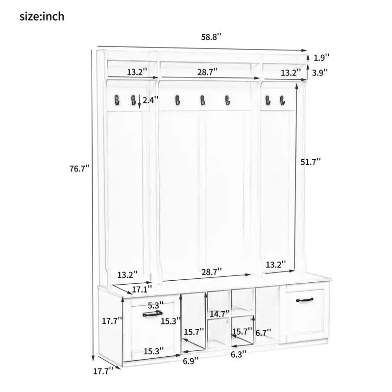 Appendiabiti da ingresso 5-in-1, 7 ganci e 2 cassetti, ripiani regolabili, marrone e bianco