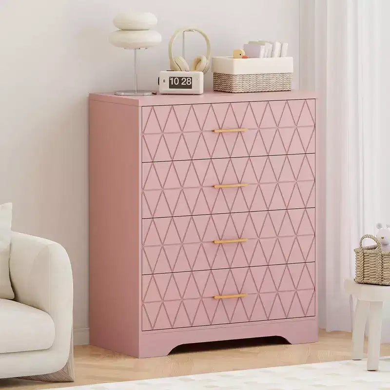 Comò in legno per camera da letto con 4 cassetti, comò moderni alti, cassettiera ampia con maniglie dorate, comodino con cassetti, armadietto organizer