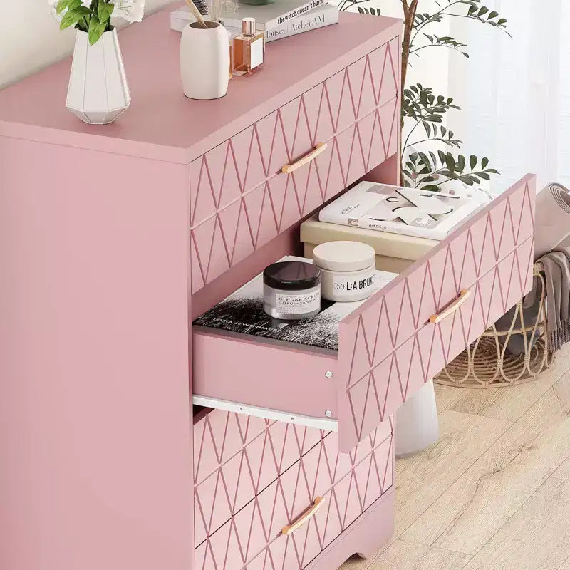 Comò in legno per camera da letto con 4 cassetti, comò moderni alti, cassettiera ampia con maniglie dorate, comodino con cassetti, armadietto organizer