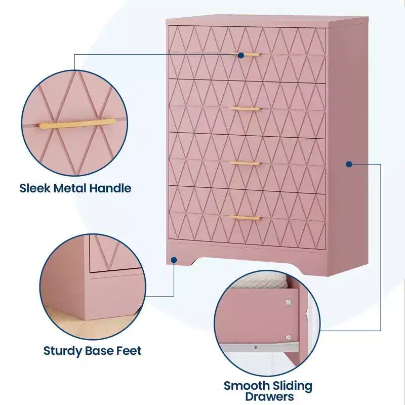 Comò in legno per camera da letto con 4 cassetti, comò moderni alti, cassettiera ampia con maniglie dorate, comodino con cassetti, armadietto organizer